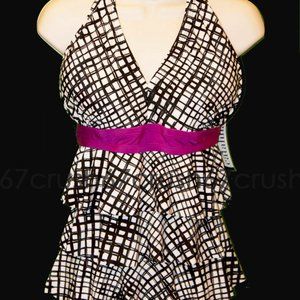 new Tankini Top Halter Open Back Fly Away Ruffles Waterfall Tiered MEDIUM